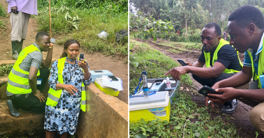 A group of enumerators in Kabarole District, Uganda, conducting field data collection for the Heavy Metals Water in Kabarole study. They are dressed in casual attire, some wearing branded vests, and are engaged in discussions or recording information. The setting includes a rural or semi-urban environment with visible greenery and simple structures in the background.