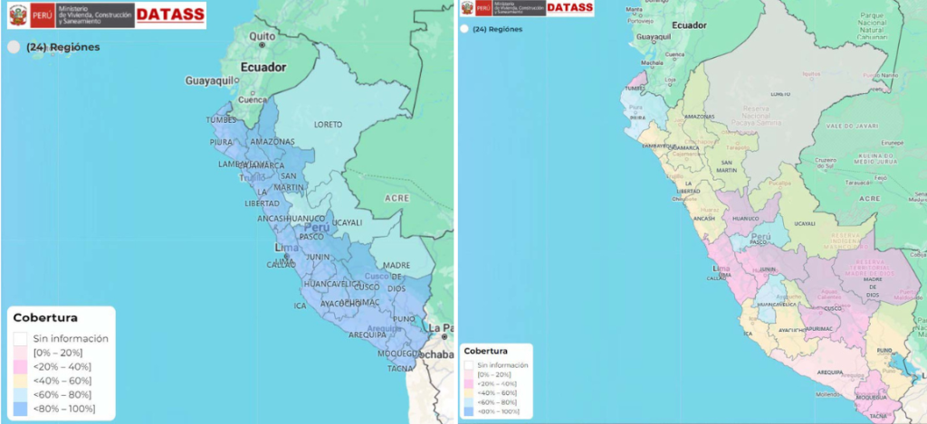 Map of Peru showing regional differences in rural water supply coverage in shades of blue and purple (legend ranges from gray (no information) to dark blue (80-100%). Rural Water Services in Peru.